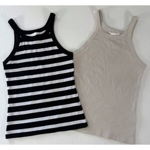 H&M High Neck Ribbed Tank Tops Black & White Striped beige Women M Racerback